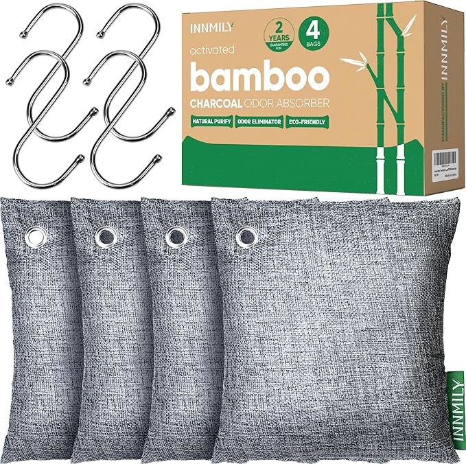 Activated Charcoal Odor Absorber,Large 4x500g w Hooks Nature Odor Eliminator for Strong Odor,Bamboo Charcoal Air Purifying Bags,Moisture Absorbers for Fresh Home Car Closet Pet,Smoke Room Deodorizer by Innmily