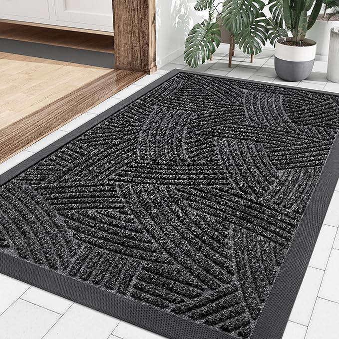 Smiry Front Door Mat Outside Entrance, Heavy Duty Sturdy Natural Rubber Doormat, Trap Dirt and Moisture, Easy Clean Low Profile Mats for Indoor Outdoor Entry, Interwoven Stripes 29.5x17, Black by Smiry