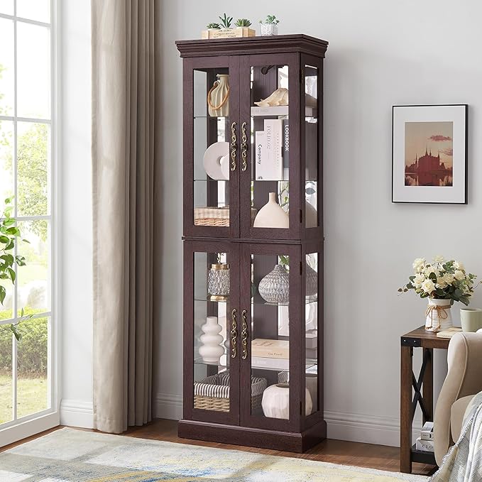 Lighted Glass Curio Cabinet with Lights & Adjustable Shelves,Curio Display Cabinet with Wood Frame,Corner Cabinet for Kitchen,Living Room,Office(Free Standing,Light Bulb Include) by Unknown