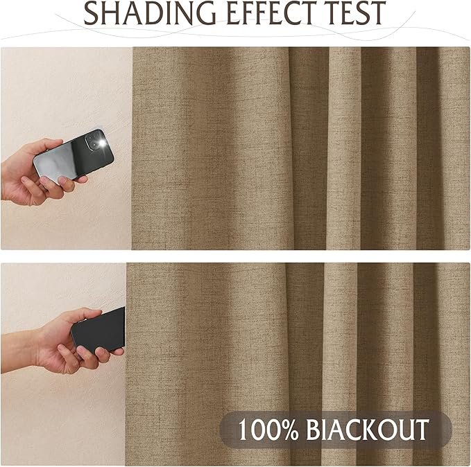 RYB HOME Linen Textured 100% Blackout Curtains for Bedroom, Insulating Energy Saving Window Curtains for Living Room Dining Patio Sliding Glass Door, Wide 52 x Long 90 inch, Burlap, 2 Panels - Image 5