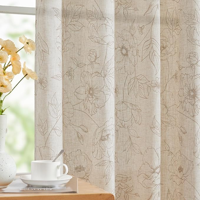 jinchan Floral Linen Curtains for Living Room 63 Inch Length Taupe Flower Curtain Rod Pocket Back Tab Farmhouse Curtains with Printed Floral Bedroom Window Curtain Set, 2 Panels Taupe by JINCHAN