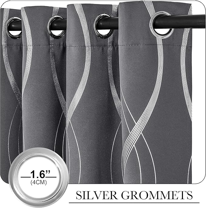 NICETOWN Blackout Curtains for Bedroom, 1 Pair, 52 inches by 90 inches, Grey, Foil Printed Wave Lines Energy Saving Thermal Insulated Solid Grommet Blackout Draperies for Patio Hall Studio - Image 3