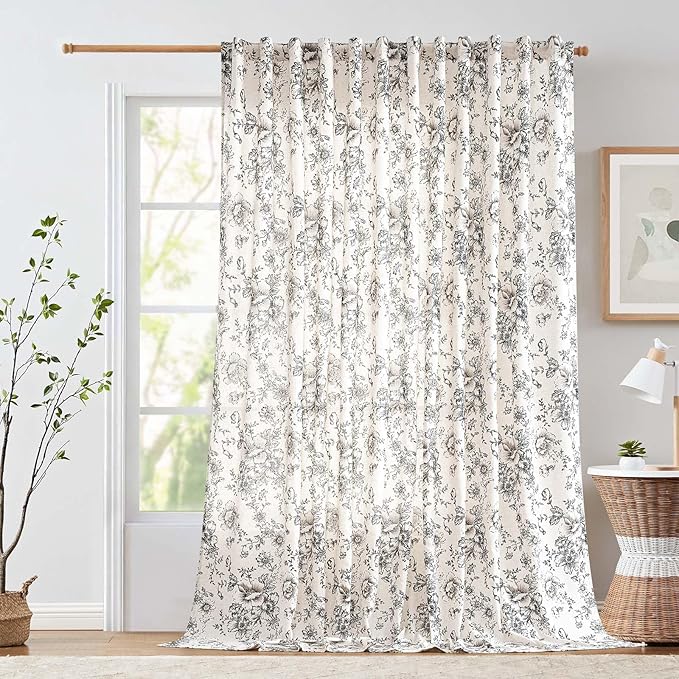 jinchan Linen Floral Curtains 100 Inch Extra Wide for Patio Sliding Glass Door Room Divider Curtain for Living Room 108 Inch Length Farmhouse Peony Black Printed Curtain Set 1 Panel by JINCHAN