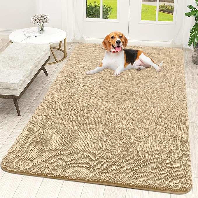 OLANLY Dog Door Mat for Muddy Paws 70x46, Absorbs Moisture and Dirt, Absorbent Non-Slip Washable Doormat, Quick Dry Chenille Mud Mat for Dogs, Entry Indoor Entryway Carpet for Inside Floor, Beige by OLANLY