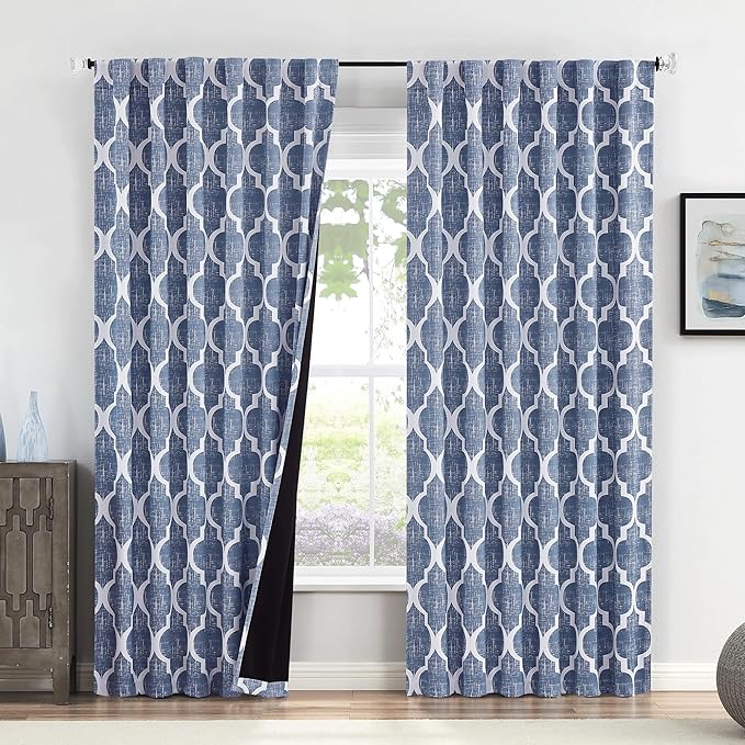 Beauoop 100% Blackout Curtains 96 Inches Long 2 Panels for Bedroom Living Room Blue Moroccan Geo Room Darkening Thermal Insulated Soundproof Rod Pocket Back Tab Window Treatments Drapes, 50x96 by Beauoop
