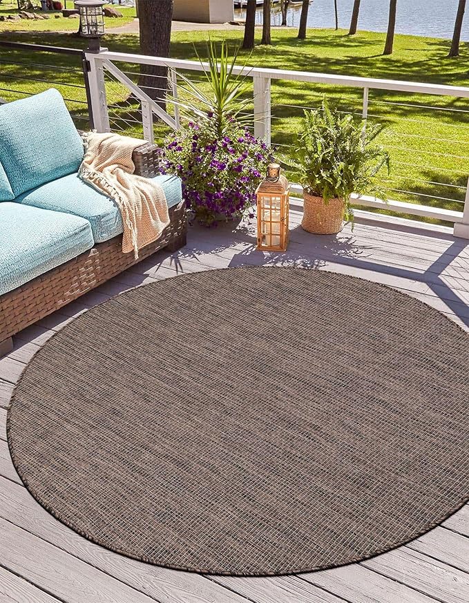 Unique Loom Outdoor Solid Collection Area Rug (3' 3" Round Light Brown/Ivory) - Image 5