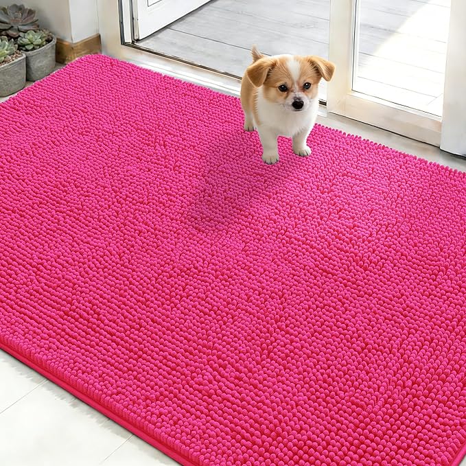OLANLY Dog Door Mat for Muddy Paws 48x30, Absorbs Moisture and Dirt, Absorbent Non-Slip Washable Doormat, Quick Dry Chenille Mud Mat for Dogs, Entry Indoor Entryway Carpet for Inside Floor, Hot Pink by OLANLY