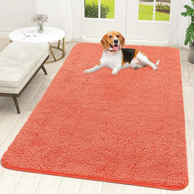 OLANLY Dog Door Mat for Muddy Paws 59x35, Absorbs Moisture and Dirt, Absorbent Non-Slip Washable Doormat, Quick Dry Chenille Mud Mat for Dogs, Entry Indoor Entryway Carpet for Inside Floor, Coral by OLANLY