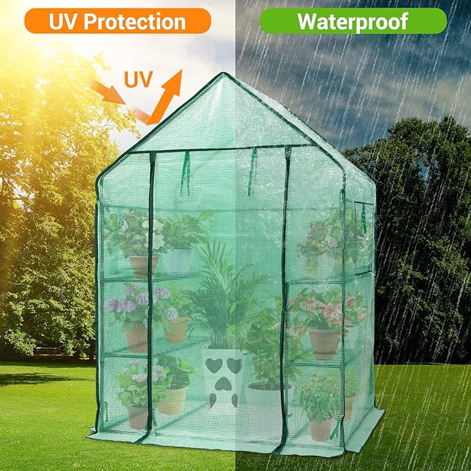 Ohuhu Greenhouse for Outdoors with Mesh Side Windows, 3 Tiers 4 Shelves Small Walk-In Green House Plant Stands Plastic PE Cover Outside Portable Warm House for Seedling Flowers Growing, 4.8x2.5x6.4 FT - Image 3