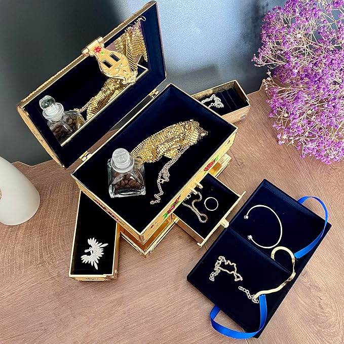 Retro Jewelry Box Arched Vintage Rectangular Metal Chest Necklace Ring Earrings Storage Case for Women Girls (Golden Starlight Yellow, XL Lock) - Image 5