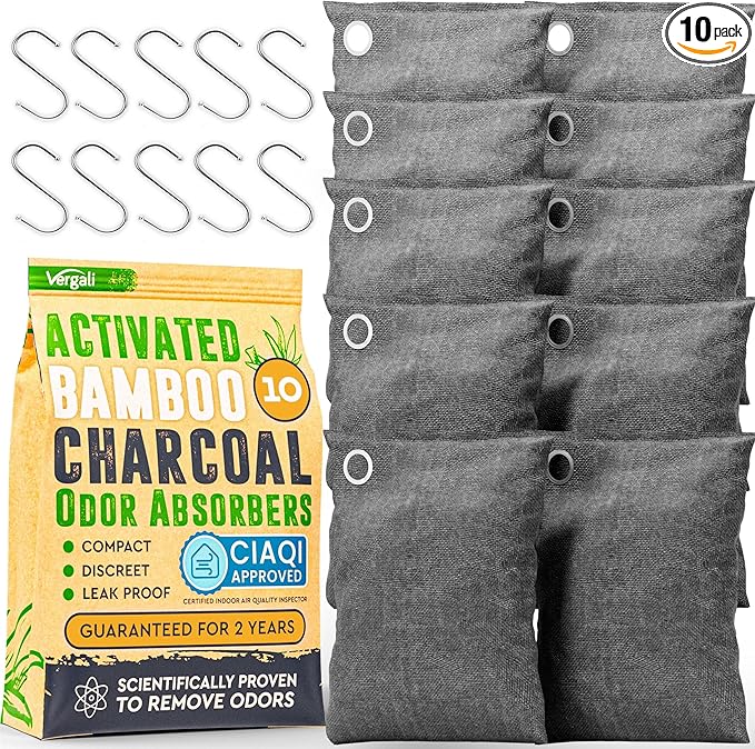 Activated Charcoal Odor Absorber for Strong Odors in Car, Closet, Shoe, Basement. 10 Activated Charcoal Bags Odor Absorbers for Home. Bamboo Charcoals Air Purifying Bag Charcoals Deodorizer Eliminator by Vergali