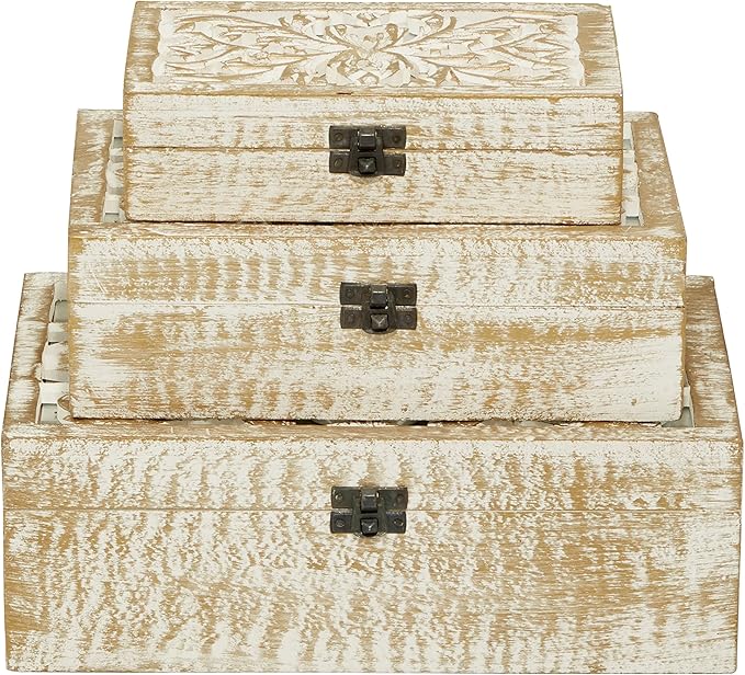 Deco 79 Mango Wood Floral Handmade Decorative Box Decorative Keepsake Boxes with Hinged Lid, Set of 3 Storage Boxes 8", 10", 12"W, White - Image 12