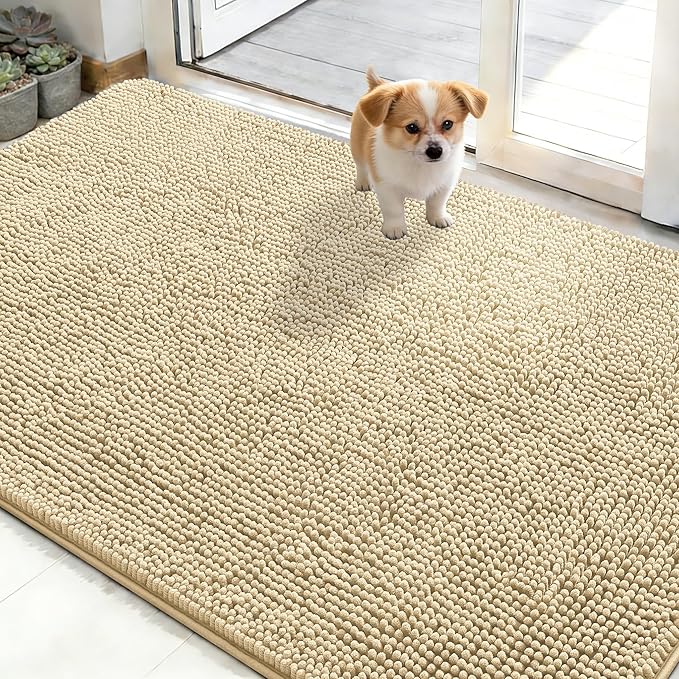 OLANLY Dog Door Mat for Muddy Paws 48x30, Absorbs Moisture and Dirt, Absorbent Non-Slip Washable Doormat, Quick Dry Chenille Mud Mat for Dogs, Entry Indoor Entryway Carpet for Inside Floor, Sand by OLANLY