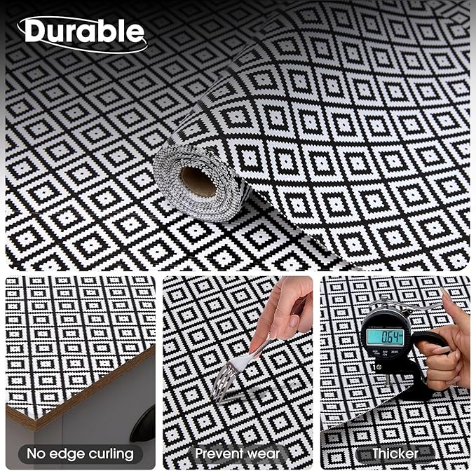 Drawer and Shelf Liner, Non-Slip Kitchen Cabinet Liners Non-Adhesive Thick Strong Grip Waterproof Washable Mats Protect Dresser Shelves Cupboard Bathroom Cabinets, Black & White, 18 in X 20 FT - Image 5