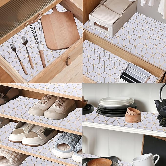 Cabinets Drawer Liner Non Slip 12 Inch Wide X 20 Ft Kitchen Shelf Liner Non Adhesive Waterproof Pantry Shelves Refrigerator Liner for Bathroom Closet Strong Grip Cupboard Mat Gold - Image 2