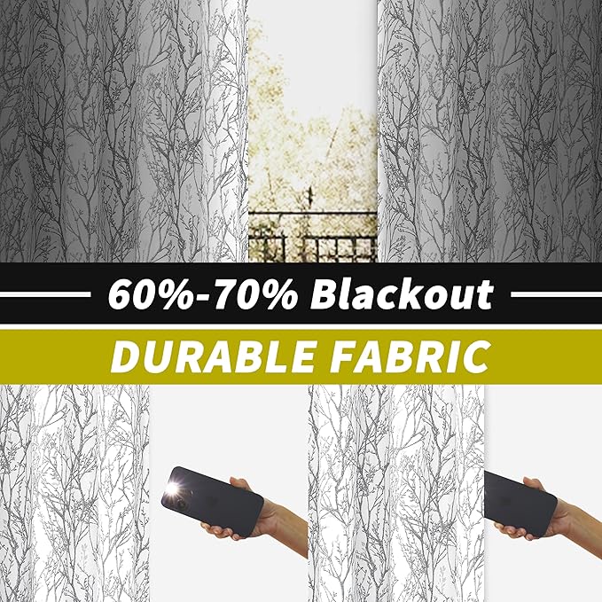 DriftAway Tree Branch Blackout Curtains Double Layer 84 Inches Long for Bedroom Printed Patterned Classic Thermal Insulated Summer Sound Lined Grommet Drapes for Living Room 2 Panels Gray/White - Image 3