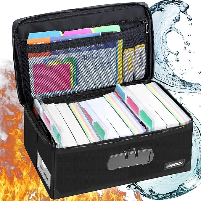 JUNDUN Index Card Holder with Lock,Collapsible Fireproof Index Card Box fits 1200 3x5-Inch Flash Cards - Business, Recipe, or Note Card Storage Boxes - Black by JUNDUN