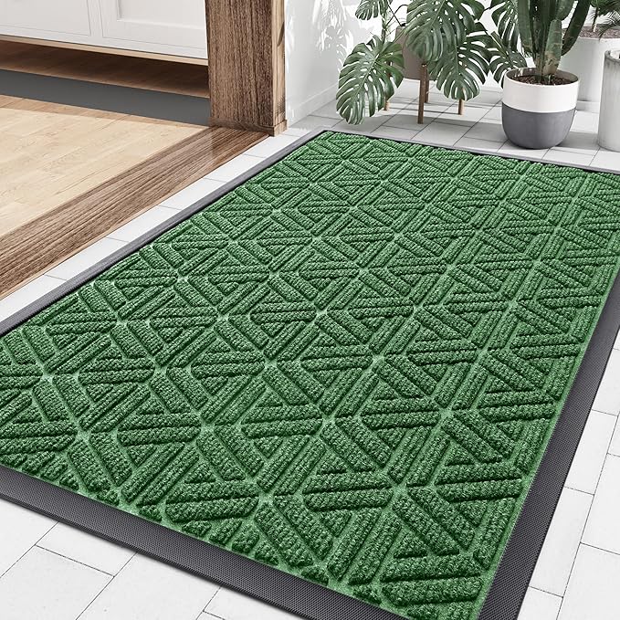 Smiry Front Door Mat Outside Entrance, Heavy Duty Sturdy Natural Rubber Doormat, Trap Dirt and Moisture, Easy Clean Low Profile Mats for Indoor Outdoor Entry, Grid Geometric (35x23, Green) by Smiry