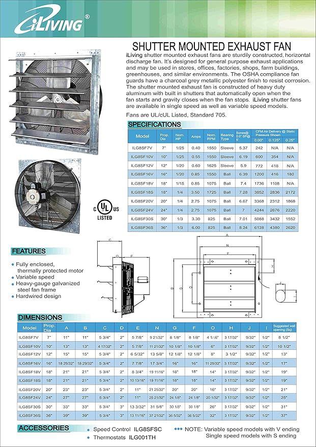 iLiving ILG8SF10V - 10" Wall Mounted Exhaust Fan - Automatic Shutter - Variable Speed - Vent Fan For Home Attic, Shed, or Garage Ventilation, 820 CFM, 1200 SQF Coverage Area (Power Cord Not Included) - Image 2