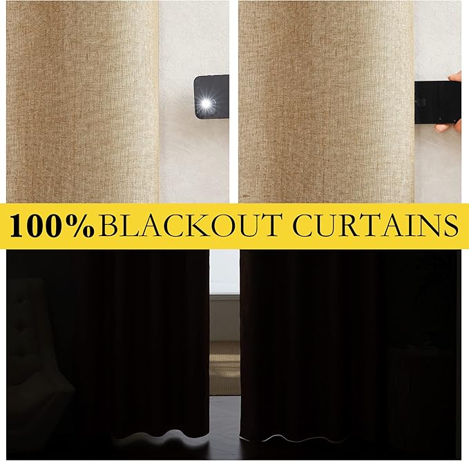 NICETOWN 100% Absolutely Blackout Linen Curtains with Thermal Insulated White Liner, Camel, W42 x L72, 2 Panels, Long Curtains 72 inch Length for Patio Door, Doorway, Office, Overnight Shiftworker - Image 2