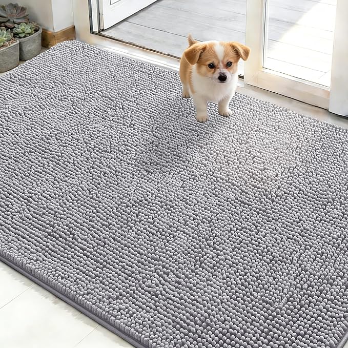 OLANLY Dog Door Mat for Muddy Paws 48x30, Absorbs Moisture and Dirt, Absorbent Non-Slip Washable Doormat, Quick Dry Chenille Mud Mat for Dogs, Entry Indoor Entryway Carpet for Inside Floor, Light Grey by OLANLY