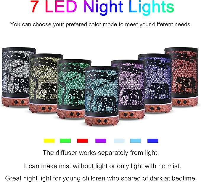 Essential Oils Diffuser,Aromatherapy Diffuser,Birthday Gifts for Women Mom Grandma,Metal Cool Mist Humidifier with 7 Colors Lights Waterless Auto Off Air Diffusers（Elephant） - Image 2