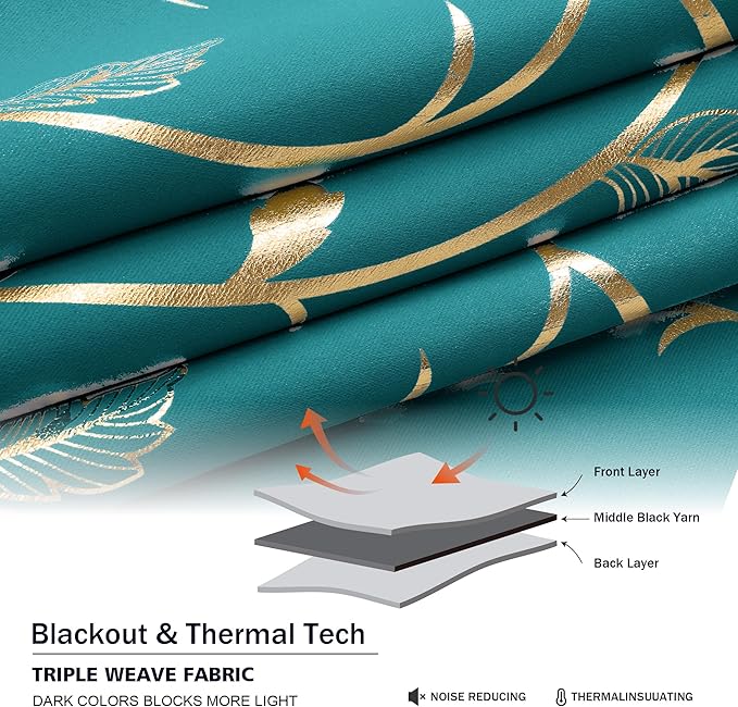 BUHUA Blackout Curtain 2 Panel Set Silver Vine Foil Print Thermal Insulated Drapes Room Darkening Curtains Grommet Window Treatment, 52 x 84 Inch, Teal Blue - Image 6