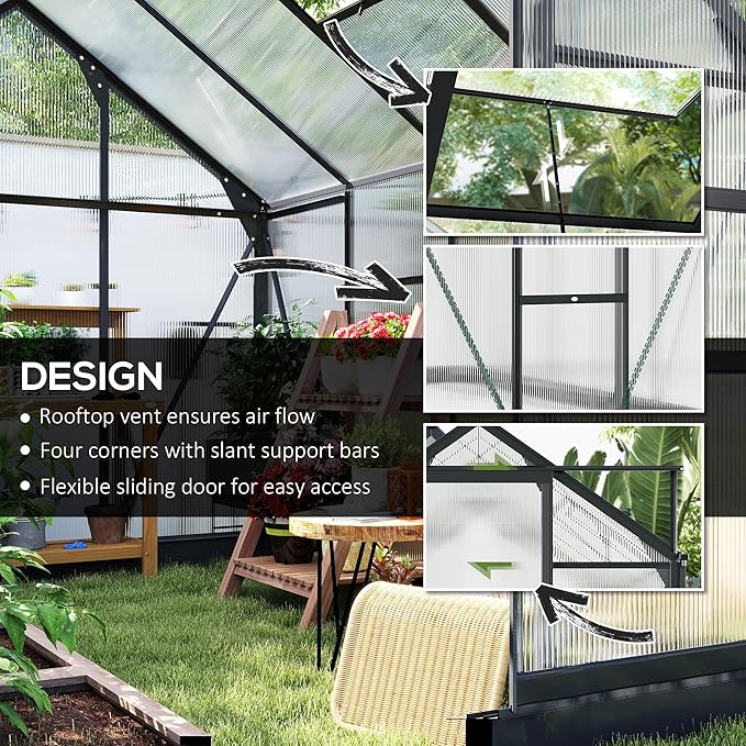Outsunny 6' x 8' Greenhouse for Outdoors, Polycarbonate Greenhouse with Rain Gutter and Roof Vent, Aluminum Walk-in Green Houses for Outside for Patio Backyard Garden, Gray - Image 3