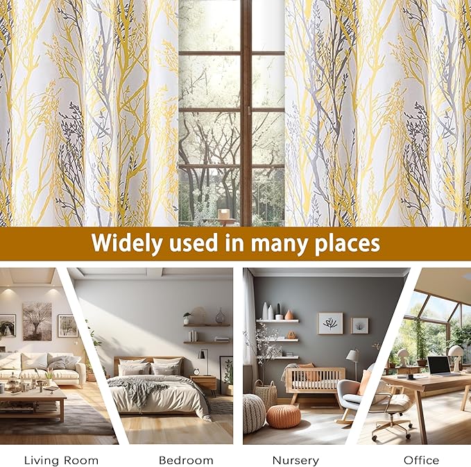 DriftAway Tree Branch Blackout Curtains Double Layer 96 Inches Long for Bedroom Printed Patterned Classic Thermal Insulated Summer Sound Lined Grommet Drapes for Living Room 2 Panels Yellow/White - Image 3
