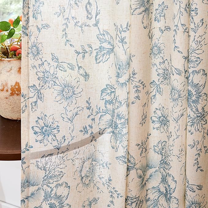 jinchan Linen Blend Curtain Floral Curtains for Living Room 63 Inch Length Blue Printed Curtain Rod Pocket Back Tab Farmhouse Peony Flower Patterned Drapes Bedroom Window Curtains Set 2 Panels - Image 6