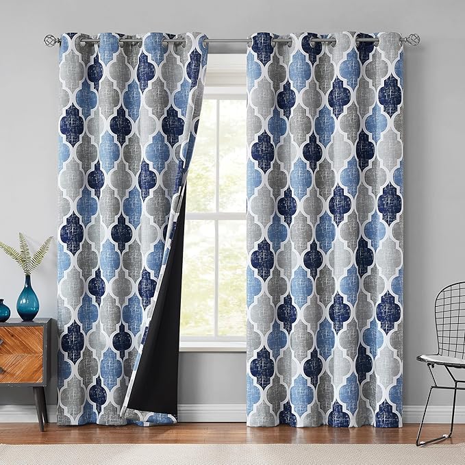 Beauoop 100% Blackout Curtains 108 Inches Long 2 Panels for Bedroom Living Room Blue Grey Moroccan Geo Room Darkening Thermal Insulated Soundproof Grommet Top Window Treatments Drapes, 50x108 Set of 2 by Beauoop