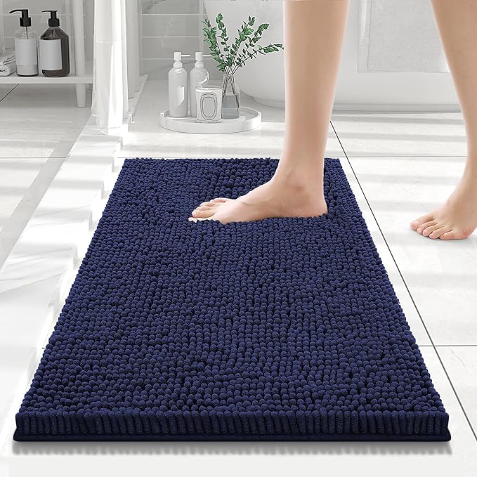 Smiry Luxury Chenille Bathroom Rugs 24x16, Extra Soft and Absorbent Shaggy Bath Mat, Machine Washable, Non-Slip Plush Carpet Runner for Tub, Shower, and Floor, Home Decor Accessories, Navy Blue by Smiry