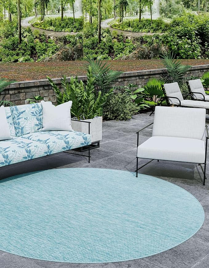 Unique Loom Collection Casual Transitional Solid Heathered Indoor/Outdoor Flatweave Area Rug (13' Round, Aquamarine/Ivory) - Image 3
