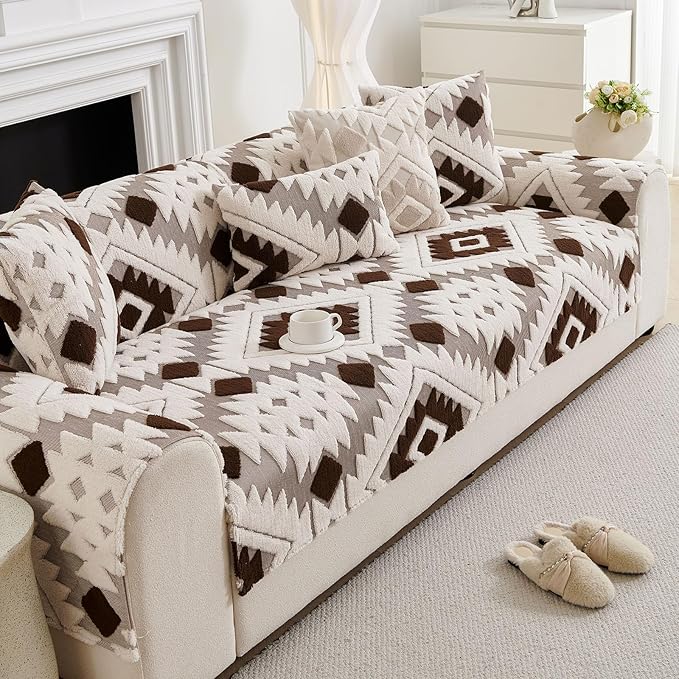Boho Plush Couch Covers for Sofa Washable, Fuzzy Soft Couch Cover for Sectional Sofa, Non Slip Jacquard Sofa Cover Furniture Protector for Kids, Pets (Dark Coffee,43"x70") - Image 6