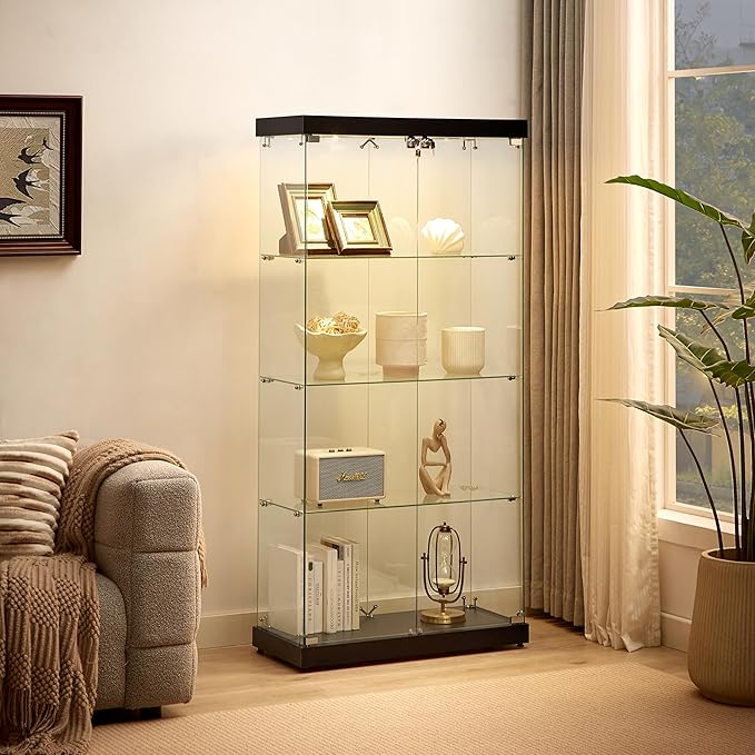 Yoluckea 4 Shelves Glass Display Cabinet with Light and 2 Doors, Floor Standing Clear Glass Curio Cabinet Collection Display for Living Room Bedroom 66.3” x 31.5” x 14.2” Black by Yoluckea