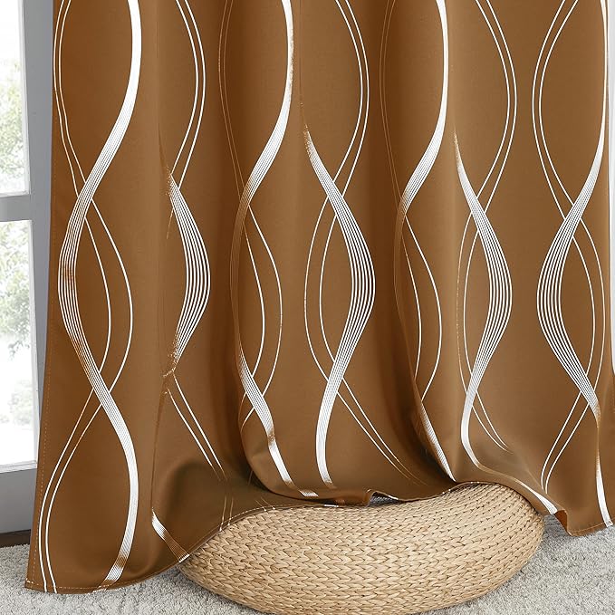 NICETOWN Gold Brown Blackout Curtains 63 inch Long for Fall, Energy Saving Thermal Insulated Foil Print Patterned Design Drapes for Kitchen, W52 xL63, 2 Panels - Image 6