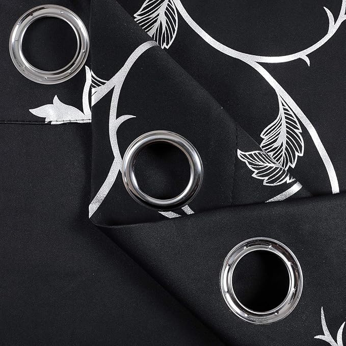 BUHUA Silver Shinny Vine Design Blackout Curtains Striped Window Curtains Thermal Insulated Curtains for Nursery 52W×72L Black 1 Pair - Image 8