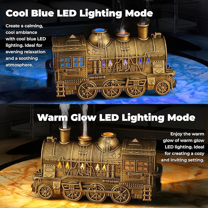 OMEO Gold Small Train Aromatherapy Humidifier & Essential Oil Diffuser - Dual Mist, Quiet Ultrasonic, 300ML Tank, Remote Control, LED Light, Air Purifier for Home, Office, and Bedroom Use - Image 3