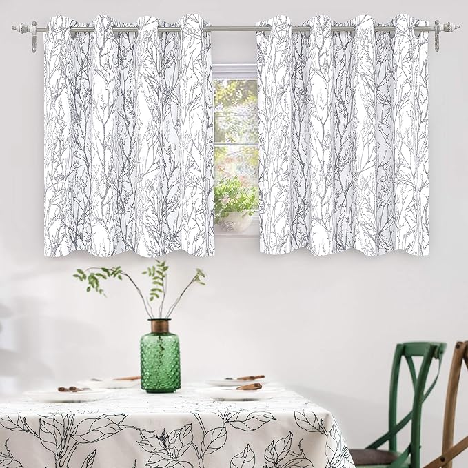 DriftAway Tree Branch Blackout Curtains Double Layer 36 Inches Long for Bedroom Printed Patterned Classic Thermal Insulated Summer Sound Lined Grommet Drapes for Living Room 2 Panels Gray/White by DriftAway