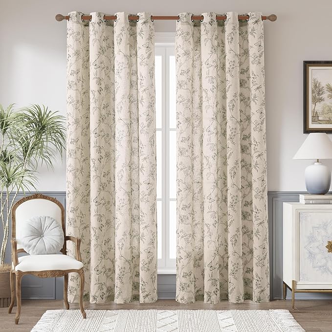 jinchan Floral Linen Curtains for Living Room 84 Inch Length Butterfly Curtain Grey Floral Curtains French Country Farmhouse Curtain Gray Flower PatternedDrapes Window Treatment Set 2 Panels by JINCHAN