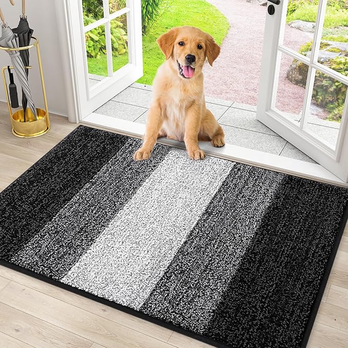 Smiry Dog Door Mat for Muddy Paws, Absorbs Moisture and Dirt, Low-Profile Entryway Mat with Non-Slip Backing, Entry Indoor Outdoor Doormat for Inside Floor (30x20 Inches, Black, Striped) by Smiry