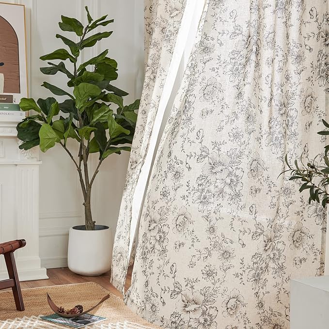 jinchan Linen Floral Curtains 96 Inch Length for Living Room Bedroom Light Filtering Farmhouse Peony Flower Drapes Rustic Window Curtain Set Rod Pocket Back Tab 2 Panels Black - Image 7