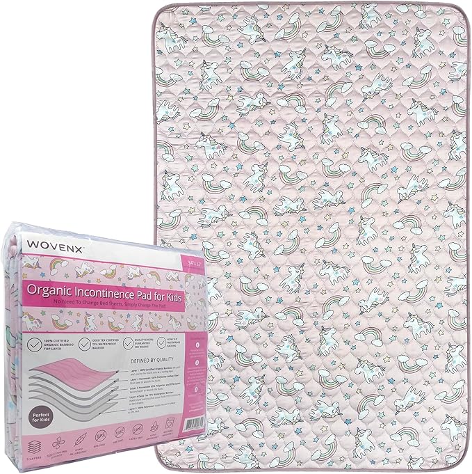 Organic Incontinence Pads for Kids & Toddlers - 5 Layer Waterproof Protectors for Overnight Bed Wetting - Reusable & Washable Pee Pads - Fits Twin to Full Size Beds - 34" x 52" Unicorn - Image 8