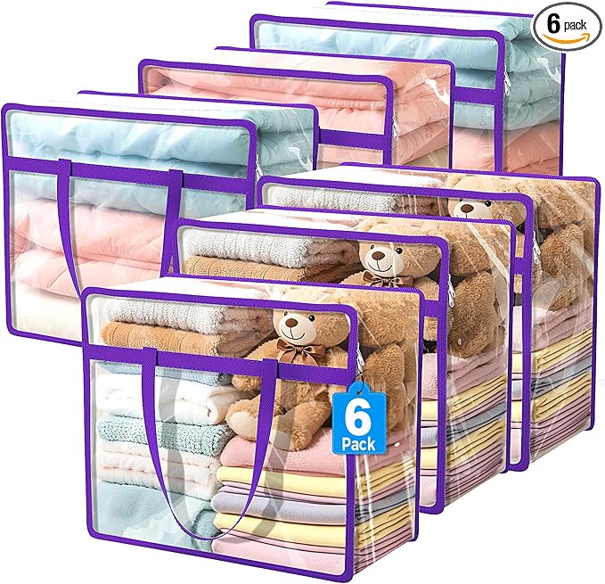 Budding Joy 6 Pack Clear Zippered Storage Bags for Clothes,40L Closet Organizers and Storage Containers Vinyl Moving Bag for Bedding, Linen, Blankets, Comforters, Clothing & Toys by BuddingJoy-BuildaJoyfulLifeforYou
