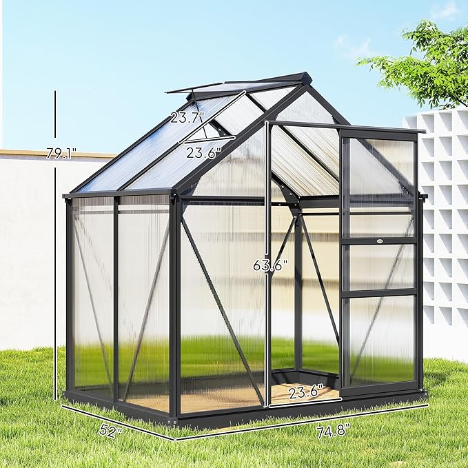 Outsunny 6' x 4' Greenhouse for Outdoors, Polycarbonate Greenhouse with Rain Gutter and Roof Vent, Aluminum Walk-in Green Houses for Outside for Patio Backyard Garden, Gray - Image 7