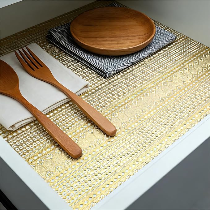 Shelf and Drawer Liner for Kitchen Cabinet,Non-Adhesive Waterproof Oil-Proof Easy Clean Shelf Liner for Dresser & Bathroom Vanities with Adhesive Dots & Cutting Tool(12 in X 20 Ft Gold Lace) - Image 2