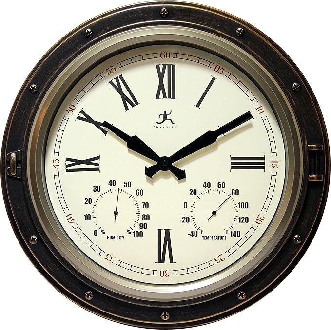 Infinity Instruments Forecaster Indoor/Outdoor Wall Clock, Thermometer, Hygrometer combo, Stylish Durable Waterproof Weather Station for your Home, 16 Inch, Bronze by InfinityInstruments