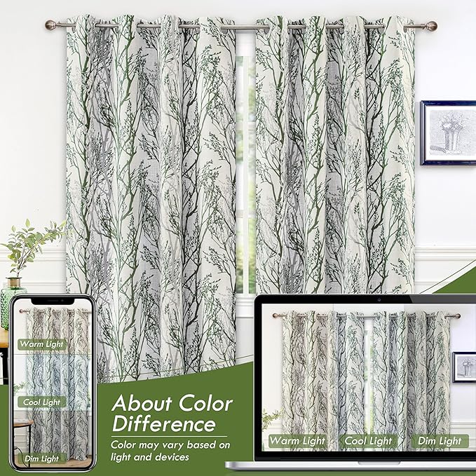DriftAway Linen Printed Blackout Curtains Tree Branch Pattern Double Layer 90 Inches Long for Bedroom Thermal Insulated Summer Sound Lined Grommet Drapes for Living Room 2 Panels Loden Green/Linen - Image 8