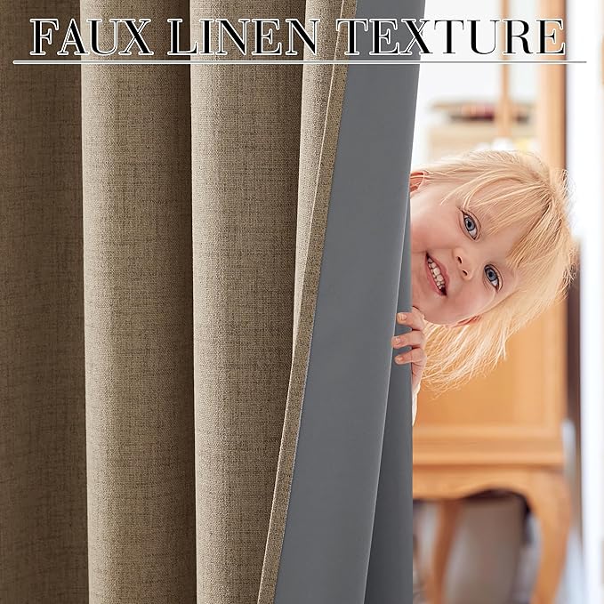 RYB HOME 100% Blackout Linen Textured Curtains for Bedroom, Farmhouse Thermal Insulated Window Curtains for Living Room Dining Patio Sliding Glass Door, Wide 52 x Long 102 inch, Burlap, 2 Panels - Image 6