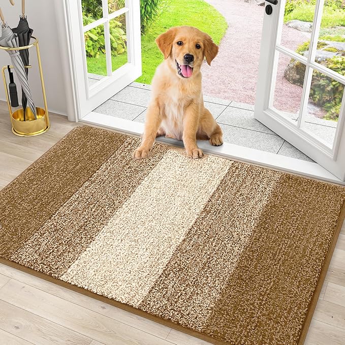 Smiry Dog Door Mat for Muddy Paws, Absorbs Moisture and Dirt, Low-Profile Entryway Mat with Non-Slip Backing, Entry Indoor Outdoor Doormat for Inside Floor (30x20 Inches, Camel, Striped) by Smiry